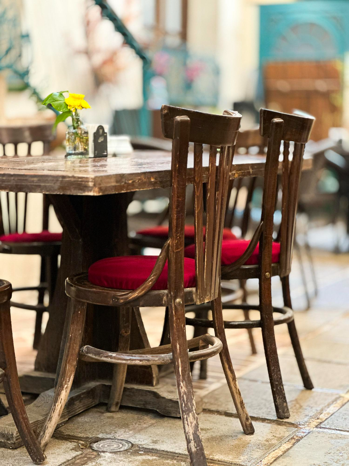 Cafe with vintage tables and chairs