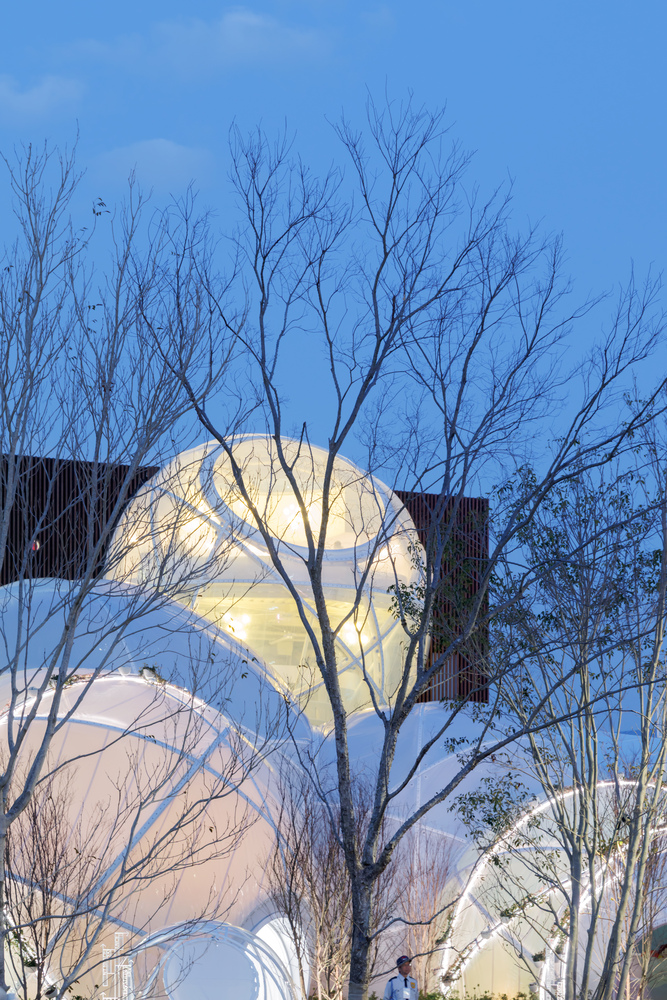 Купольный павильон среди деревьев в вечернее время The Swiss Pavilion at Expo Osaka 2025