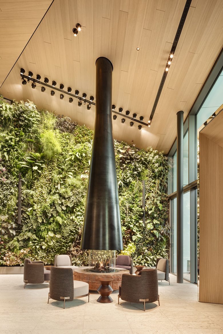 Лобби с подвесным камином и зеленой стеной FOGO E ÁGUA at ALEA RESORT