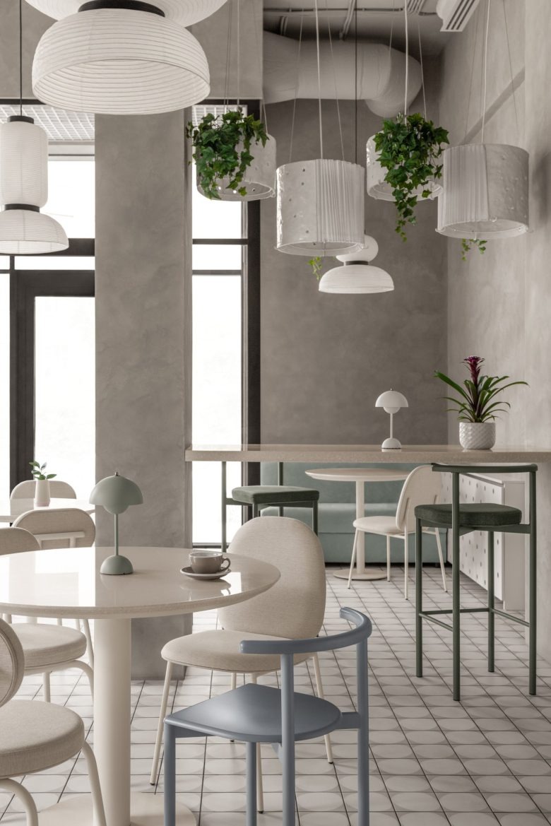 Обеденная зона кофейни Light and airy coffee house in the Astana