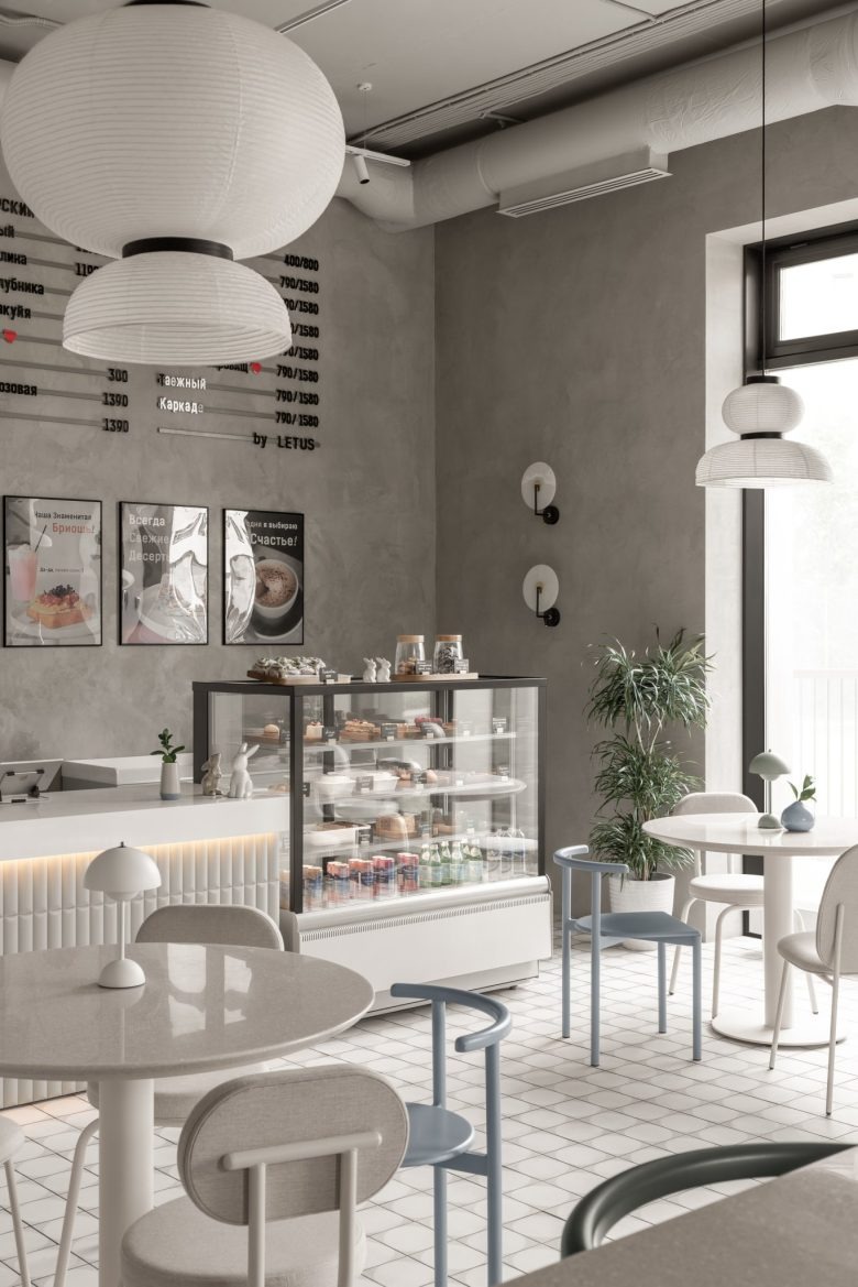 Общий вид зала кофейни Light and airy coffee house in the Astana