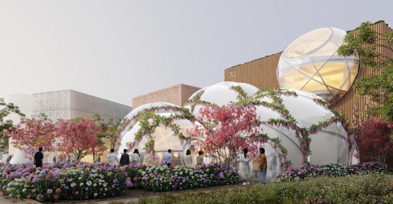 Павильон с прозрачными куполами и цветущим садом The Swiss Pavilion at Expo Osaka 2025