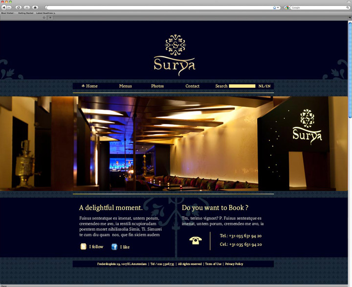 Страница на сайте ресторана Surya в Амстердаме