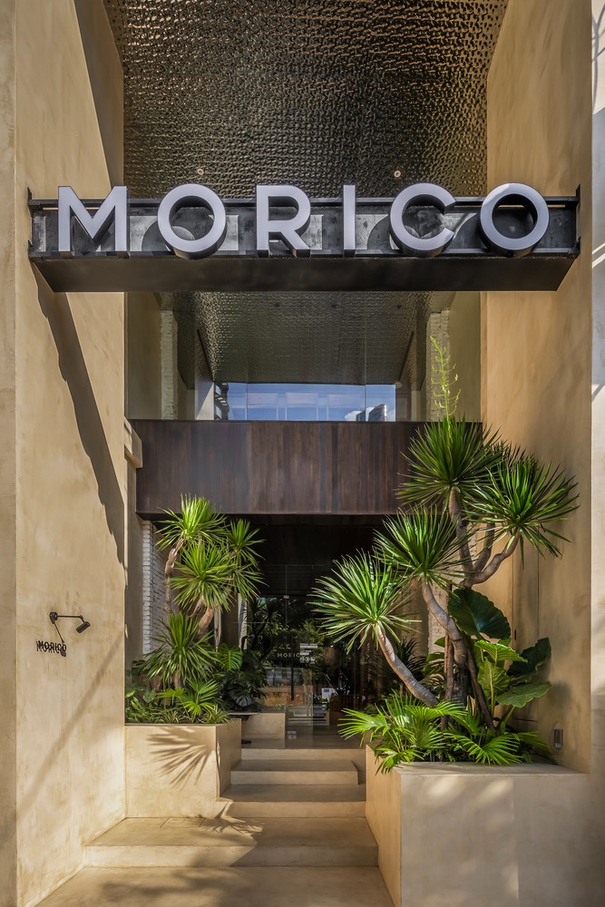 Входная зона с растениями и вывеской MORICO MORICO Café