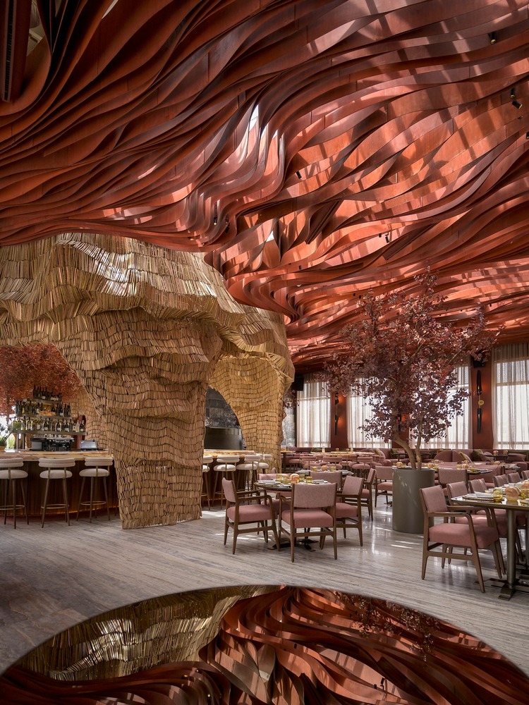 Зал ресторана с центральным деревом Lucida Restaurant and Bar