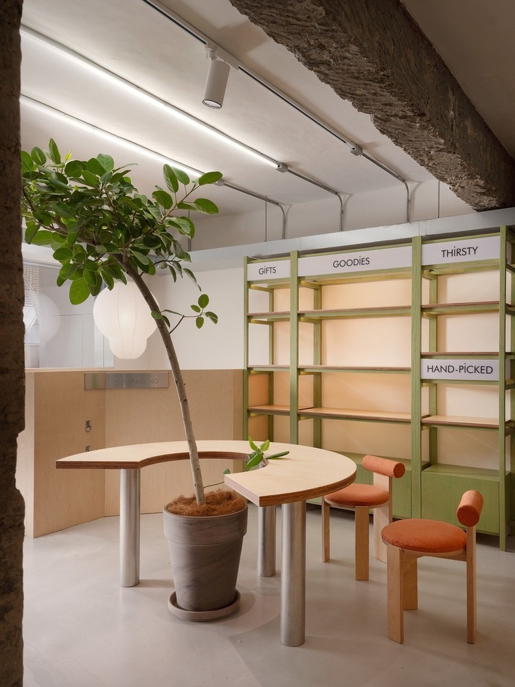 Зона с растением и витриной Peckish Bakery