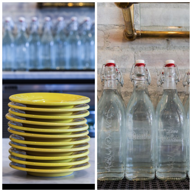 Яркие тарелки и бутылки с надписями в дизайне кафе