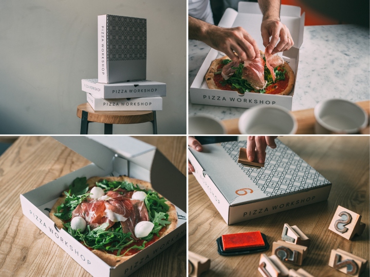 Чёрно-белые коробки для пиццы в дизайне пиццерии