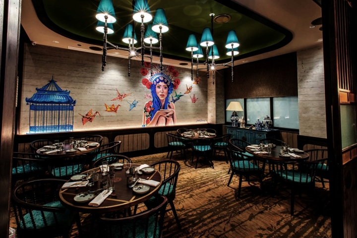Дизайн ресторана в восточном стиле: красочный рисунок на стене