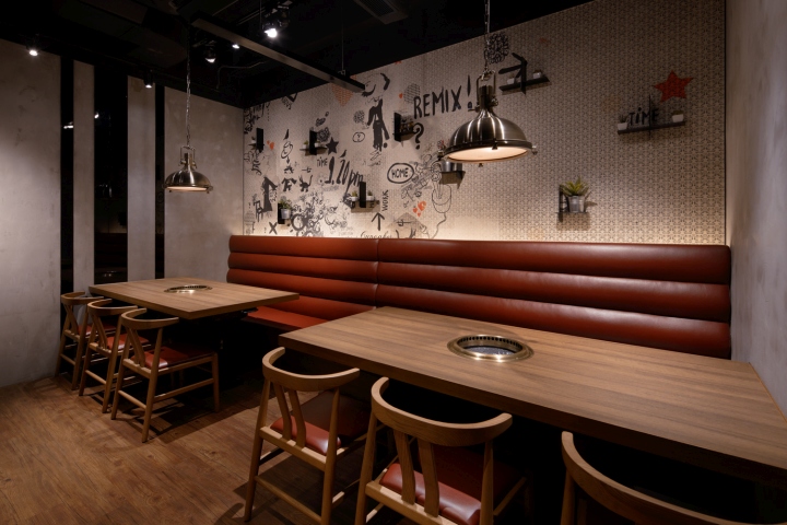Фото дизайна интерьера ресторана в стиле лофт в Гонконге: белые стены и деревянный пол