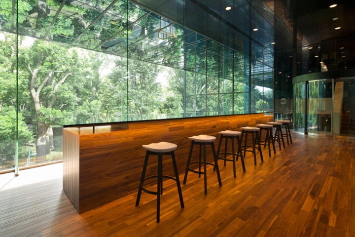 Деревянные барные стулья в интерьере кофейни
