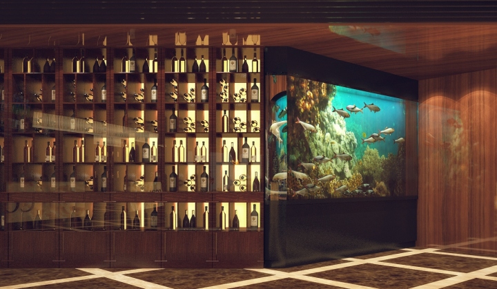 Большой настенный аквариум в интерьере ресторана