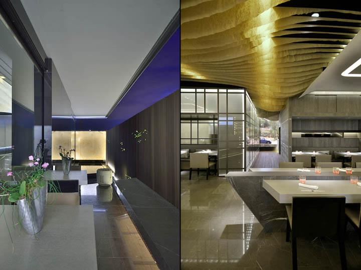 Коллаж. Современный интерьер ресторана KBK от студии GBCAA Architects в Мадриде