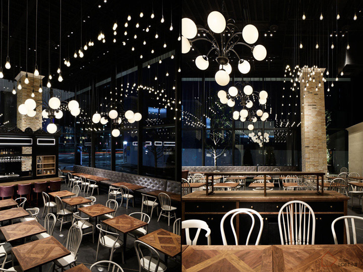 Коллаж. Современный интерьер ресторана Lavarock от студии HaKo Design в Токио