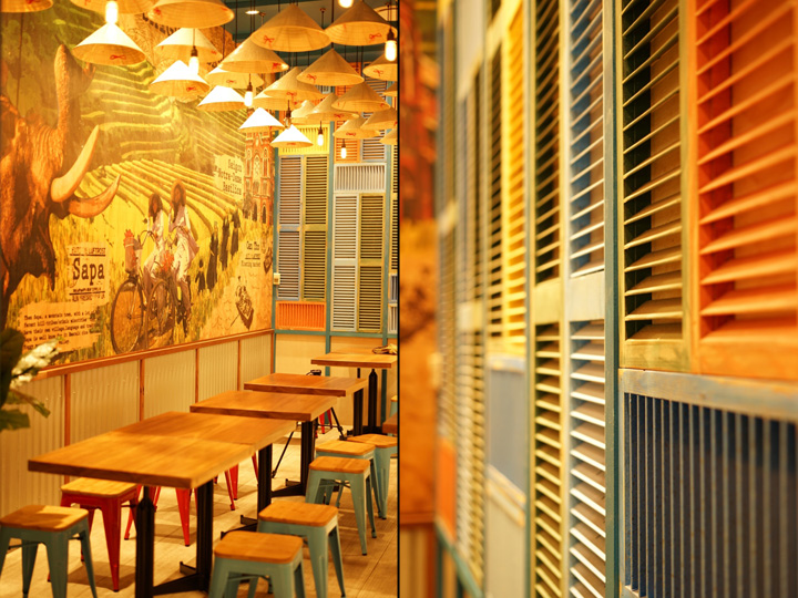 Деревянные ставни в оформлении стен в необычном дизайне ресторана