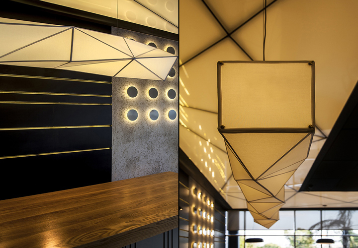 Коллаж. Осветительный прибор геометрической формы ресторана ONE в Тель-Авиве