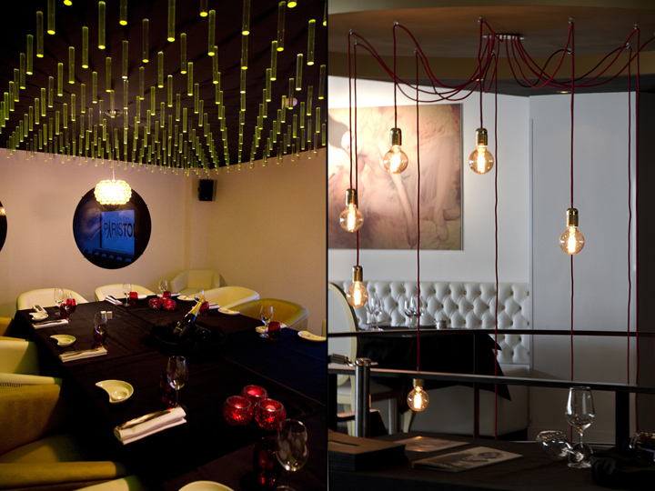 Коллаж. Сервировка столов и подвесные светильники ресторана-бара Paris-Tokyo в Испании