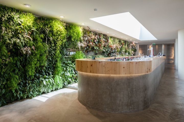 Украшение стены растениями в интерьере ресторана на воде